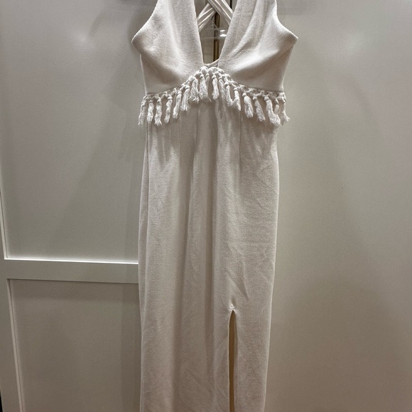 Saylor White Ribbed Midi Dress with Fringe and Slit, small - Picture 2 of 5
